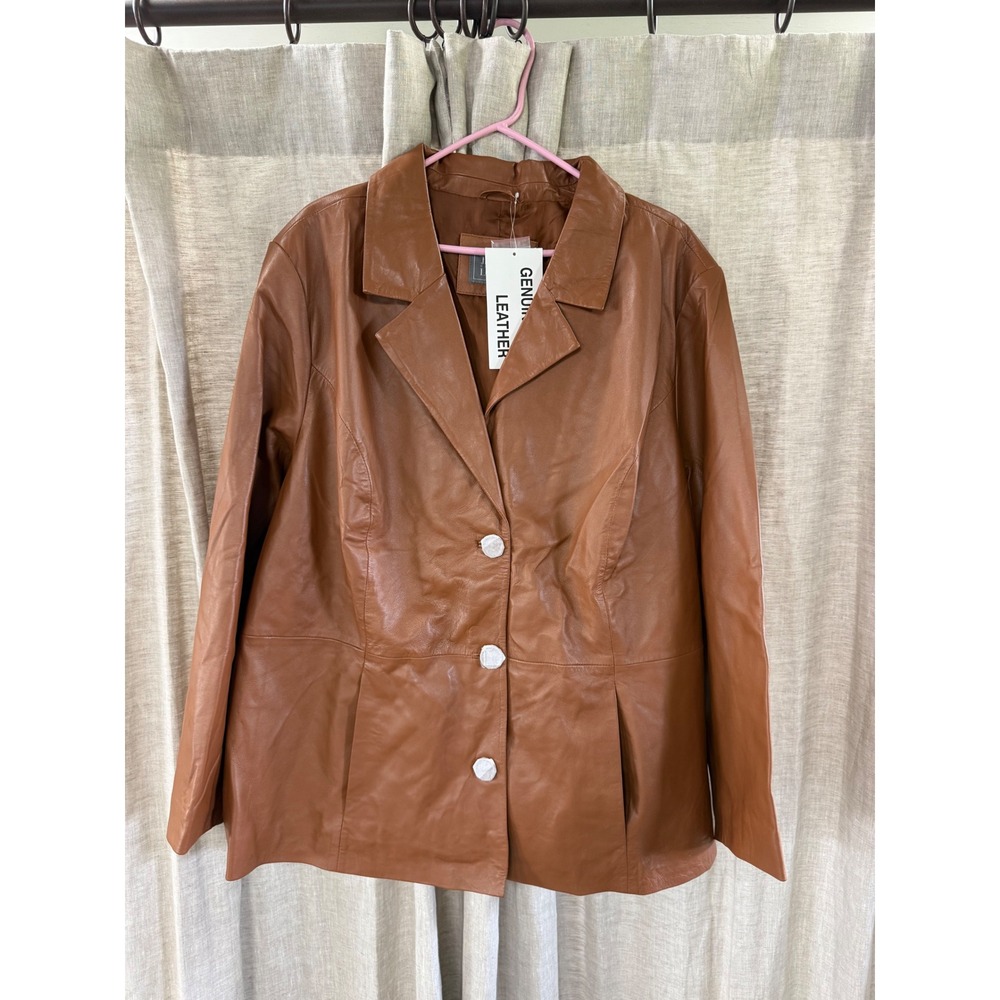 Jessica London Cognac Brown Genuine Leather Blazer Jacket 26W Plus Size NEW